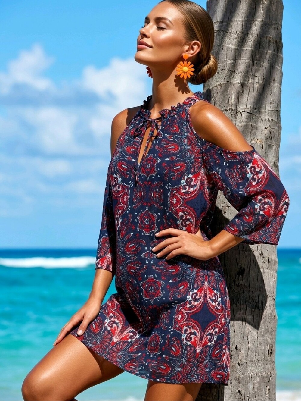 Parker Navy and Red Paisley Cold-Shoulder Boho Silk Mini Dress Size Small